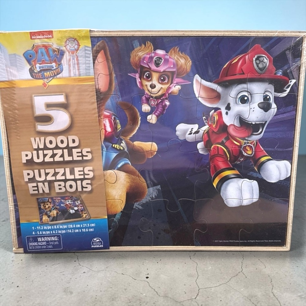 PAW Patrol The Movie 5 Wood Puzzles in Storage Tray Spin Master 6063152 NEW